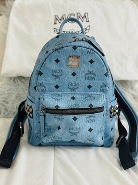 Authentic MCM Stark Mini Backpack Blue Visetos Studded 8x10x4 clean + Dust Bag